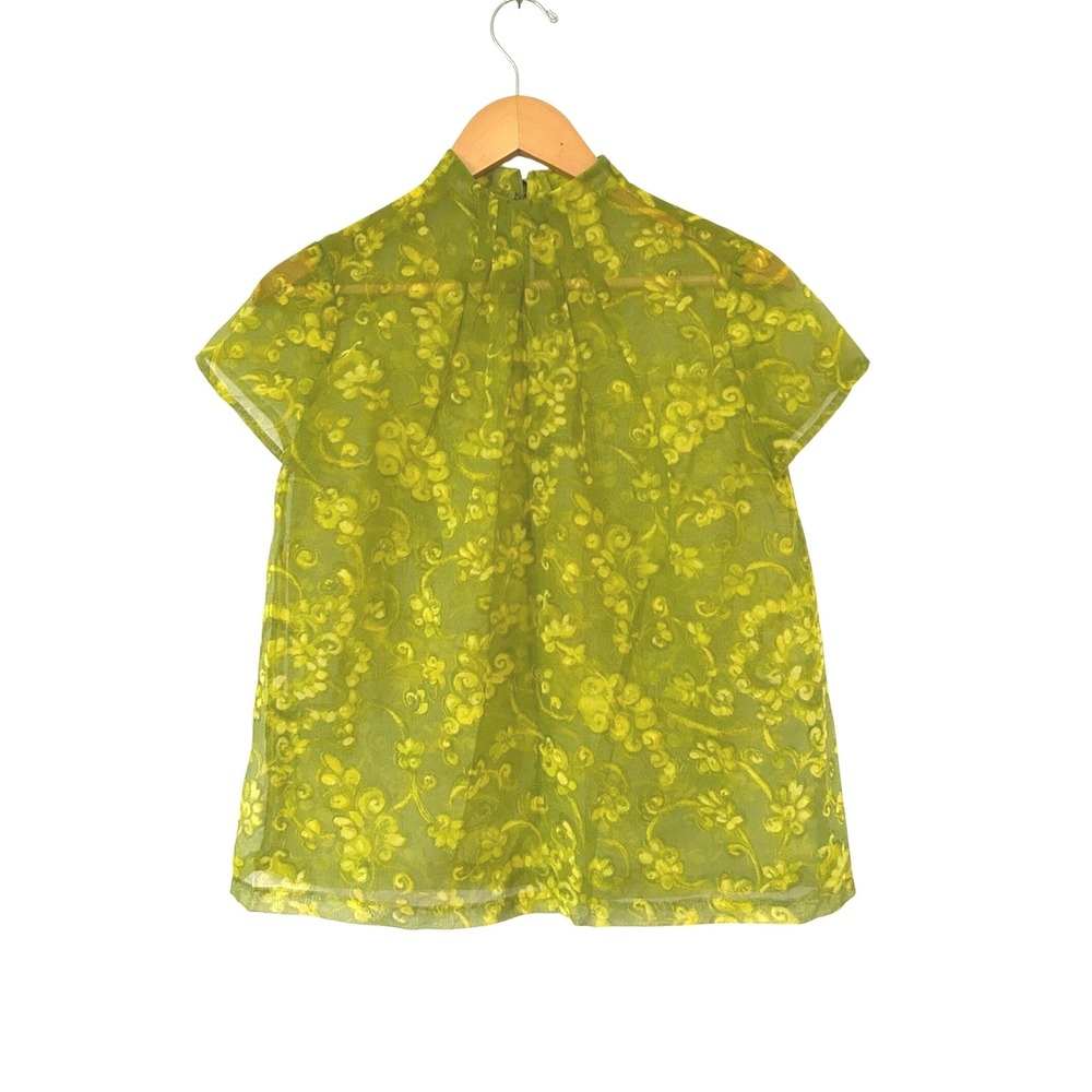 Vintage Y2K Chartreuse Sheer Floral Organza Mandarin Collar Structured Top S M